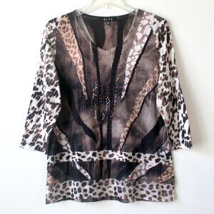 BLEU Brown Tan Cheetah Leopard Watercolor Bedazzled Flowy Blouse Medium